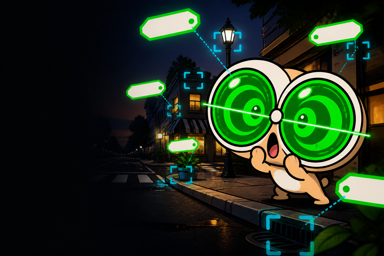 FOUREYES scanning a city street through green AI lenses